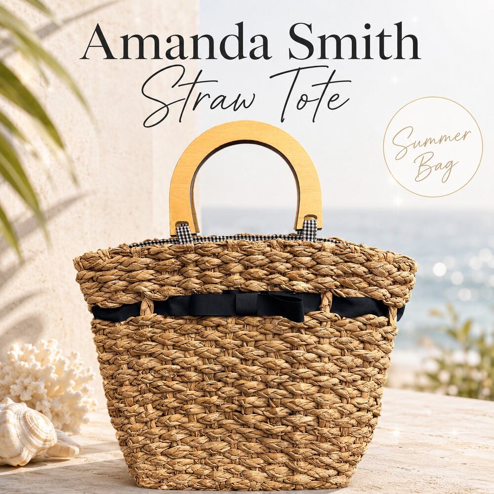 Amanda Smith Woven Straw Tote Wooden Handle Gingham Lined Summer Bag